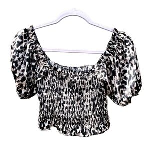 Red Carter Stretchy Leopard Print Puff Sleeve Ruched Croptop‎ XS NWOT
